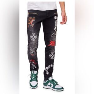 Reason Brand Men’s Size 32 Skinny Stretch Moto Jeans Black Distressed Denim